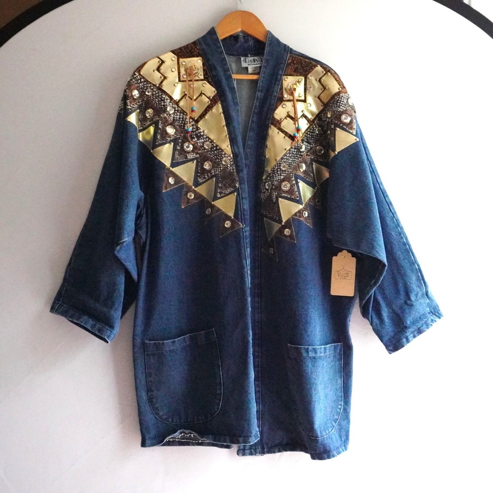 VTG Christie of California Denim Kimono‎ Jacket Gold Embellished Western 18/38